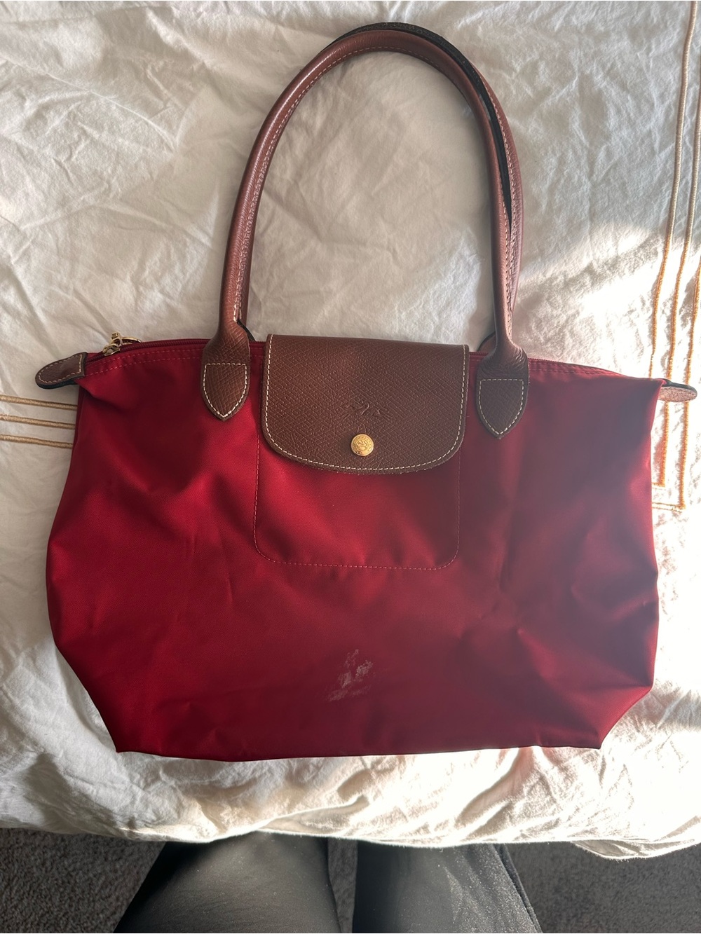 Longchamp Red Nylon Shoulder Bag with Brown Leather Flap and Straps - Picture 3 of 4